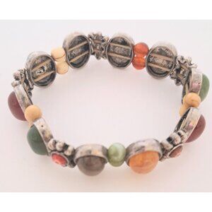 Vintage Multicolor Stretch Bracelet Women's Oval Stones Green Gold Red
